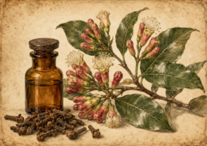 Vintage still-life: brown glass bottle beside a pile of cloves and a clove-bearing branch with green leaves on a parchment backdrop.