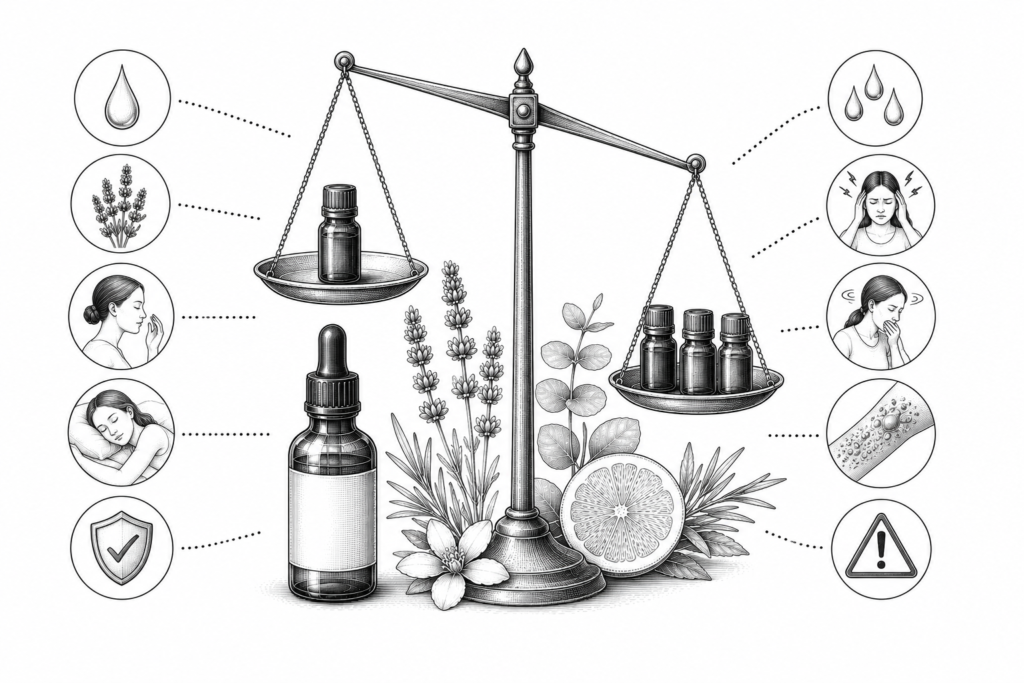 Balance scale with an essential oil bottle and herbs; left side icons suggest benefits (drops, lavender, sleep, protection), right side icons suggest risks (drops, headache, dizziness, skin irritation, warning).