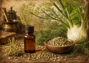 Brown glass essential oil bottle beside a wooden bowl of fennel seeds, dill fronds, and a fennel bulb on a rustic wooden table.