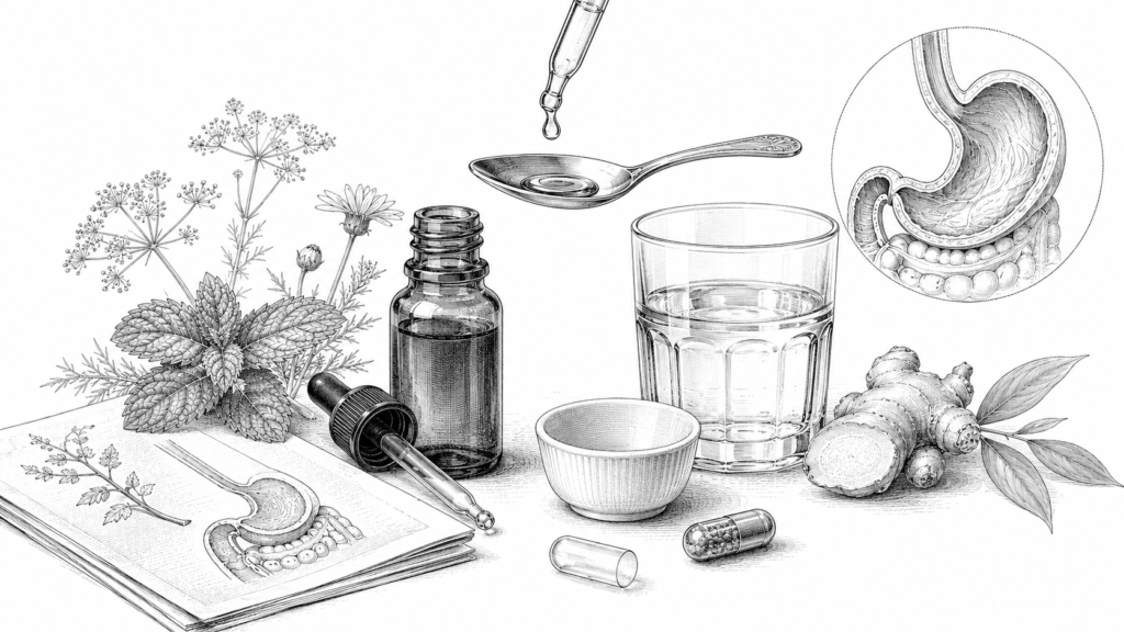 Black-and-white still life showing herbs, a dropper bottle, spoon, glass of water, ginger root, a small bowl, and an open book with a dental diagram inside.