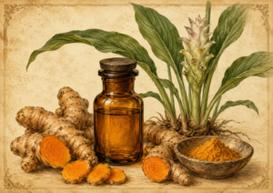 Turmeric roots with orange flesh slices, a brown bottle, ground turmeric in a bowl, and a turmeric plant on a vintage parchment backdrop