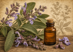 Amber essential-oil bottle with cork beside sprigs of lavender on a rustic wooden surface