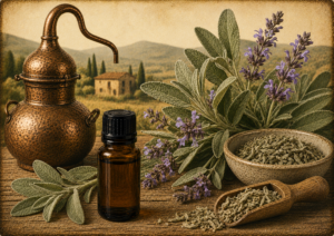 Copper kettle beside a dark amber essential oil bottle, with lavender sprigs and a bowl of dried lavender buds on a rustic wooden surface in a countryside setting.