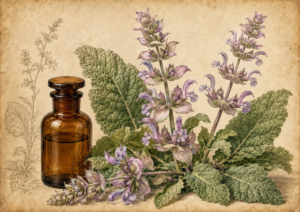 Antique brown bottle beside purple lavender and green leaves on aged parchment background.