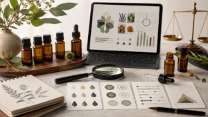 Aromatherapy research desk with amber dropper bottles, plant sketches, a laptop showing charts, a magnifying glass, and informational cards on a light table.