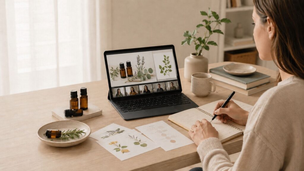 Woman takes notes at a wooden table during a botanical-themed video call, with essential oil bottles and plant sketches visible on the table.