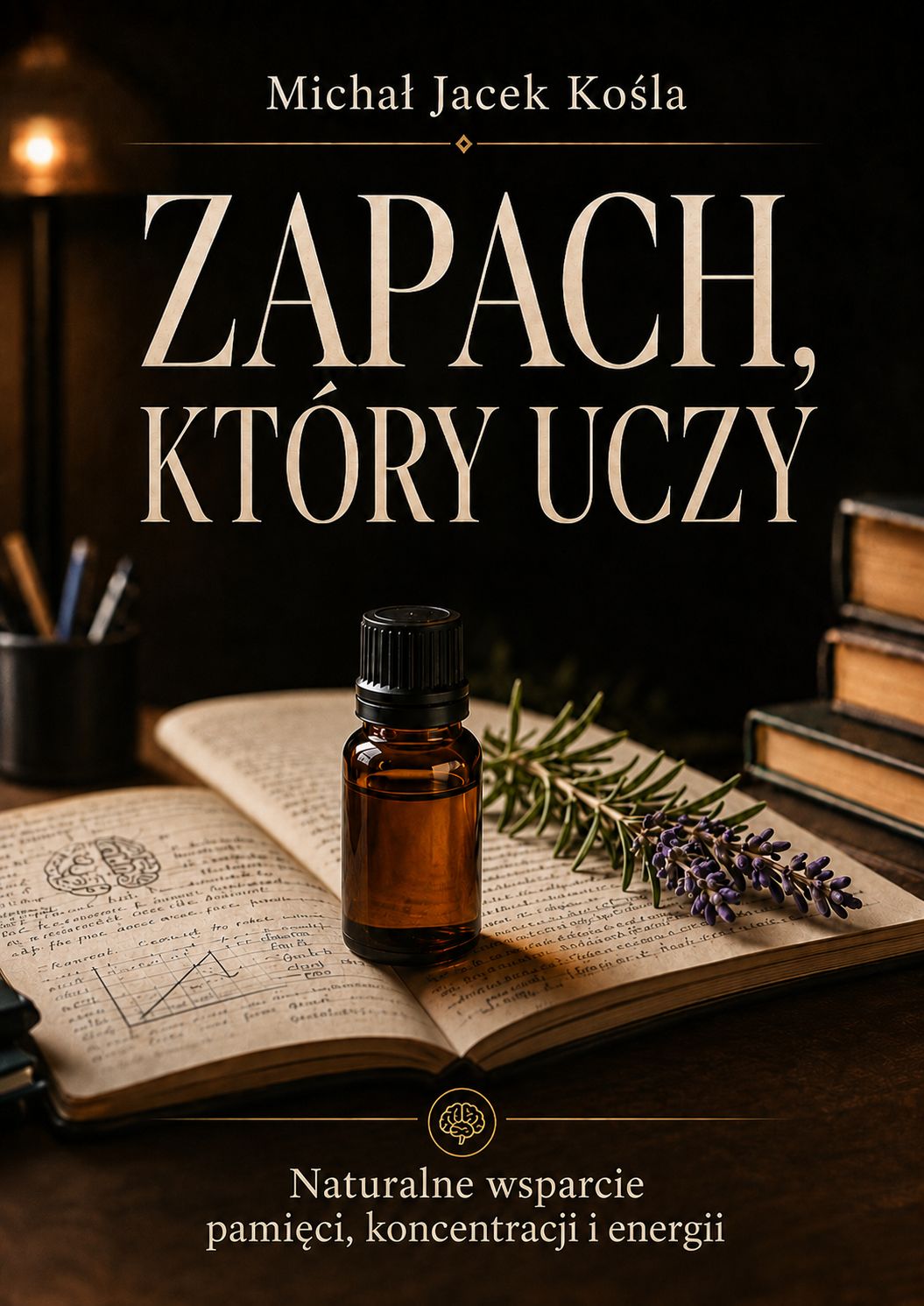 Polish book cover with amber essential oil bottle on an open notebook, rosemary and lavender, title 'Zapach, który uczy' by Michał Jacek Kośla.