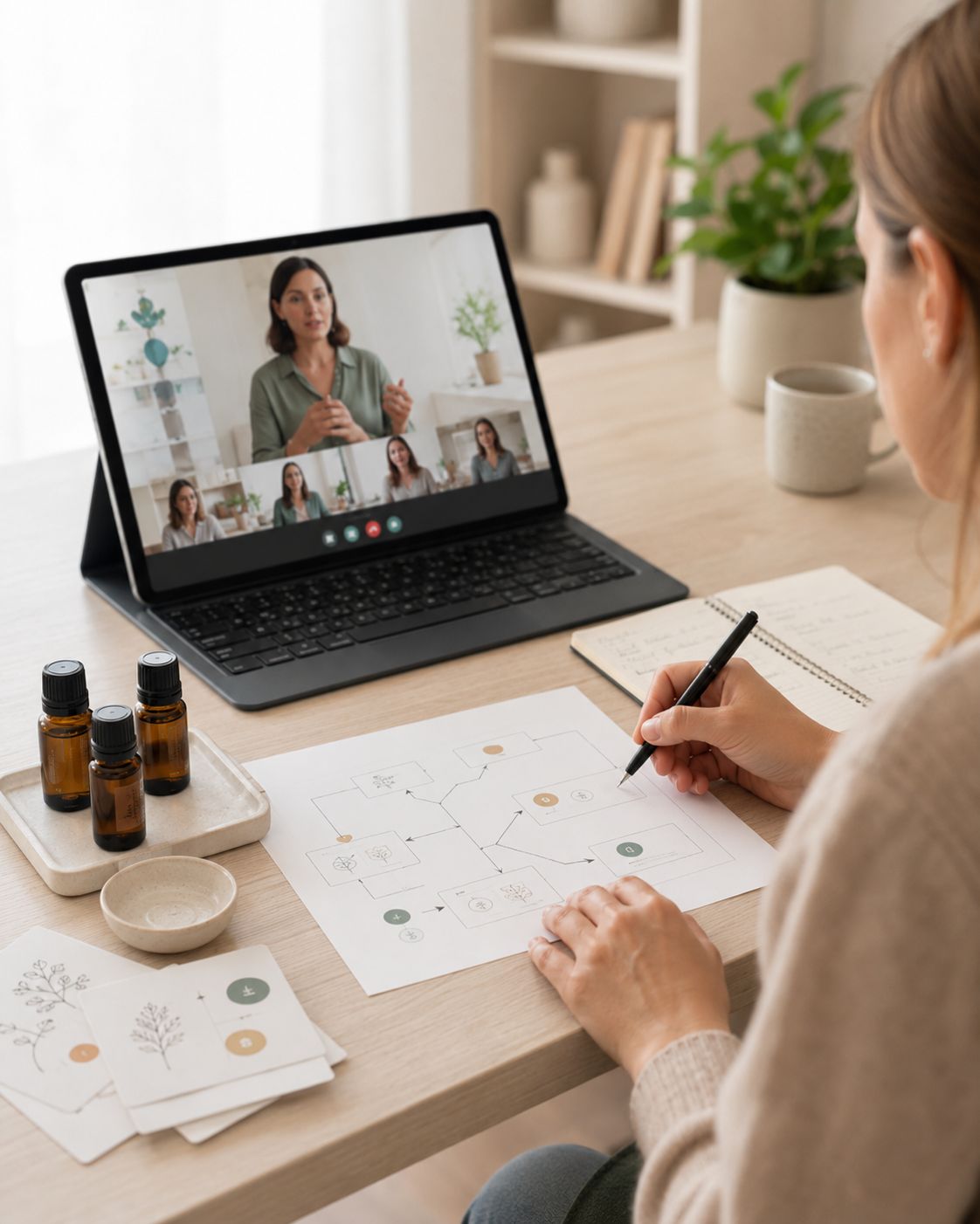 Person writing a flowchart at a desk during a video conference shown on a tablet screen with multiple participants.