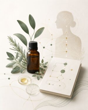 Brown essential-oil bottle with a black cap, surrounded by green foliage and an open notebook showing abstract diagrams, plus a small dish of oil and a leaf illustration in the background.