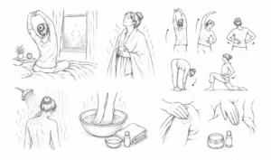 Collage of a woman doing a morning self-care routine: stretching, robes, shower, foot soak, and lotion massage options.