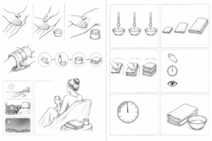 Sketch sequence of a home self‑care routine: leg massage, applying cream, and wrapping with towels.