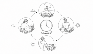 Circular diagram of a daily self-care routine around a clock, showing morning stretch, bath, skincare/oils, relaxing seated rest, and evening wind-down.