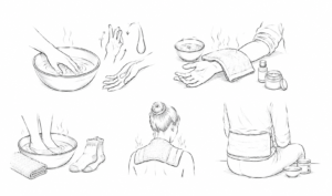 Sketches of a home spa or self-care routine: soaking feet, washing hands, using a warm towel and bowl, and applying lotion with jars nearby (informative).