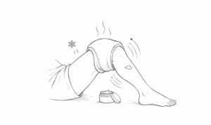 Person lying with leg raised, applying moisturizer from an open jar on the floor beside them.