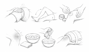 Instructional sketch showing home knee care: heat compress, leg exercises, topical cream, ice therapy, and a wrap.