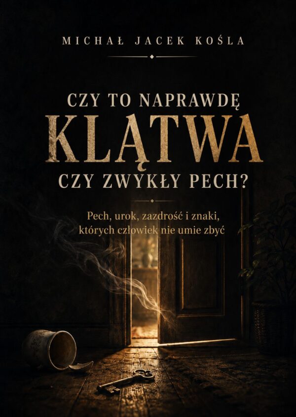 Book cover: title 'Czy to naprawdę klatwa czy zwykły pech?' by Michał Jacek Kośla; dark doorway with warm light, key on floor and a broken cup nearby.