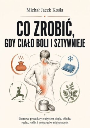 Book cover for 'Co zrobić, gdy ciało boli i sztywnieje' featuring a highlighted spine and a naked back, surrounded by icons for heat, cold, exercise, herbs and cream.