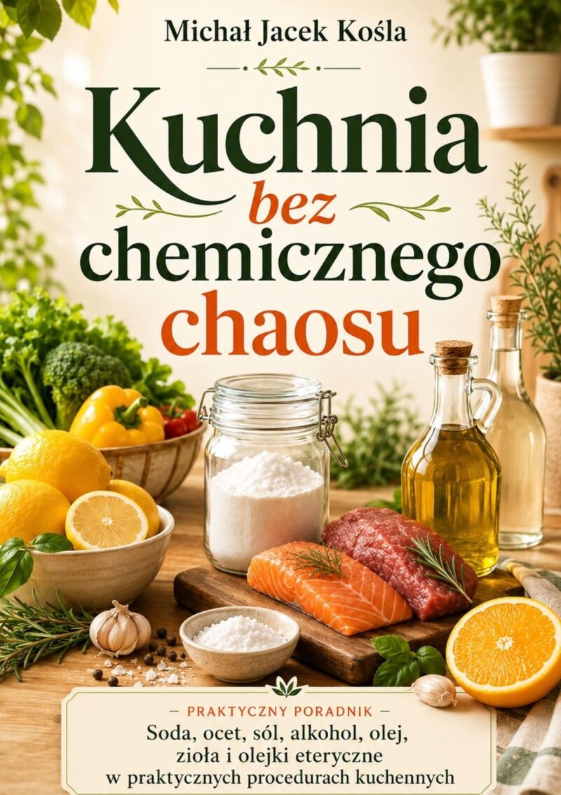 Polish cookbook cover titled 'Kuchnia bez chemicznego chaosu' with fresh ingredients like lemons, salmon, meat, vegetables and olive oil on a wooden table.