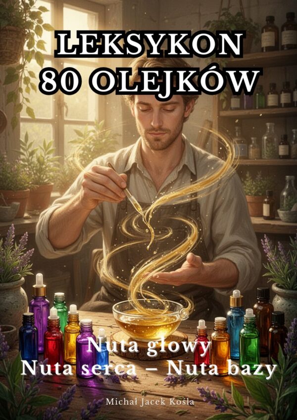 Book cover for 'Leksikon 80 olejków': a man in an apron blends essential oils in a glass bowl with swirling golden liquid, surrounded by colorful bottles and plants; notes of head/heart/base.