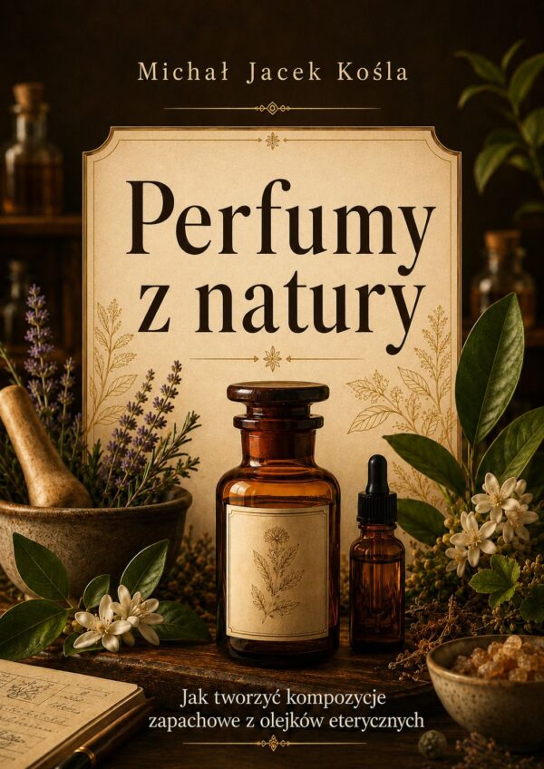 Book cover titled Perfumy z natury, featuring amber bottles, botanical sprigs, and a beige label background.