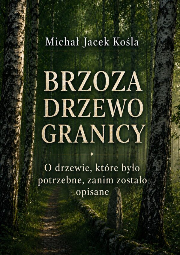 Polish book cover: forest scene with birch trees, title 'Brzoza Drzewo Granicy' by Michal Jacek Kośla, subtitle about the tree that was needed before it was described