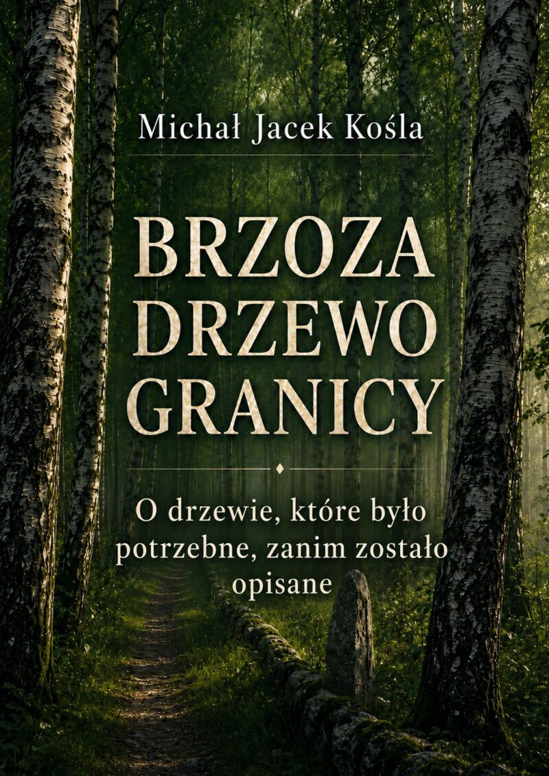 Polish book cover: forest scene with birch trees, title 'Brzoza Drzewo Granicy' by Michal Jacek Kośla, subtitle about the tree that was needed before it was described