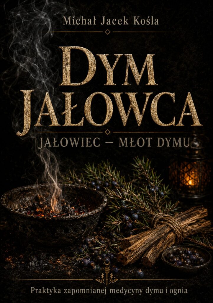 Poster for a book: 'DYM JAŁOWIEC – MŁOT DYMU' with smoke, juniper branches, and a charcoal pot; author Michal Jacek KoślAz (text layout). The cover emphasizes smoke and fiery theme for 'Forgotten Medicine of Smoke and Fire'.