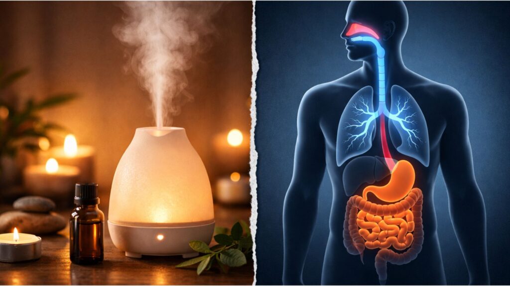 Split image: aromatherapy diffuser and candles on the left, and a medical diagram of the human torso with highlighted lungs and digestive tract on the right.