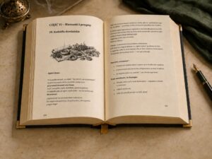 Open hardcover book on a beige marble surface, left page shows an illustration and Polish text, right page filled with more text; a fountain pen lies to the right and a decorative ink pot sits to the far left.