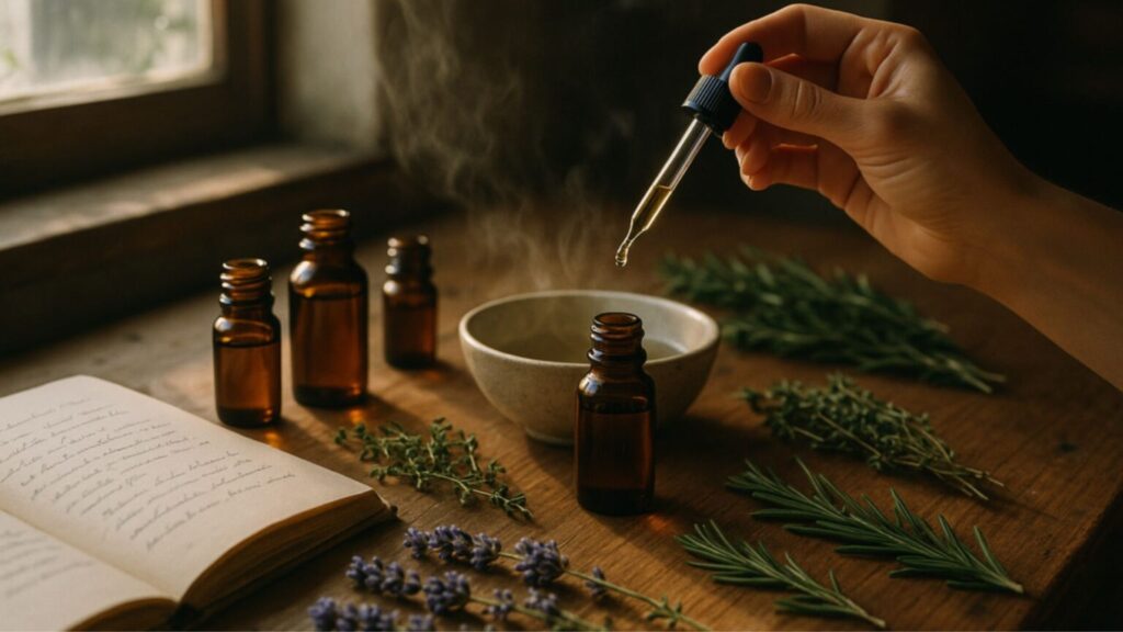 Hands using a dropper over brown essential oil bottles, herbs, and an open notebook on a wooden table.