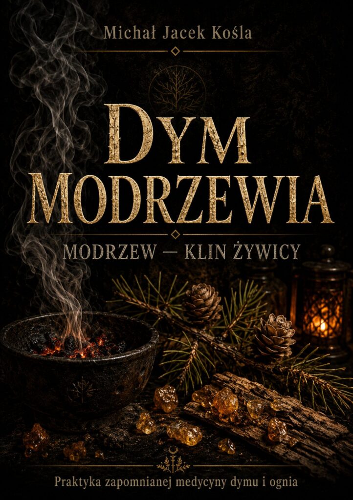 Book cover with gold lettering 'DYM MODRZEWIA', rising smoke from a lit pot, pinecones, and warm amber glow on a dark background.