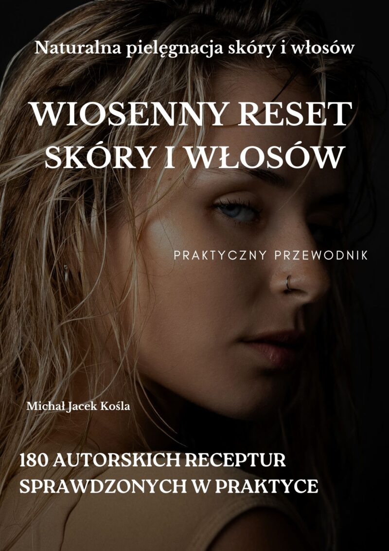 Close-up portrait of a woman with wet hair and large white Polish title text overlaid, suggesting a skincare and haircare book cover.